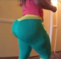 Anonymous Slim and Busty Big Juicy Butt Latina in a Pink Tank Top and Green Tights Teasing in ...png